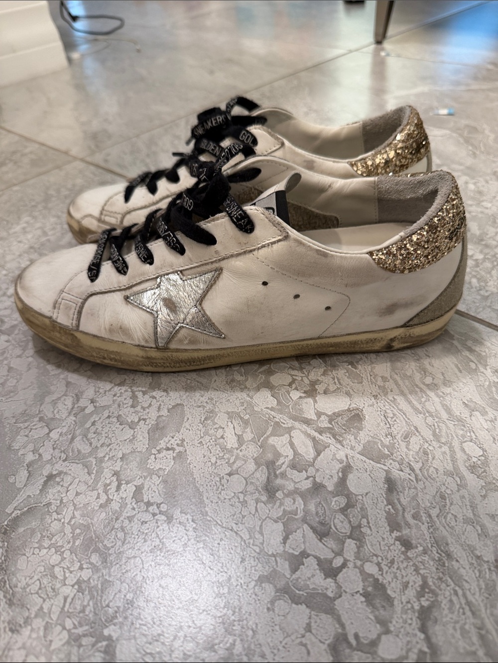 Golden Goose White Leather Sneakers with Silver Star and Gold Glitter Heel